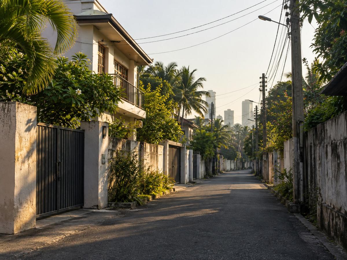 Quiet Colombo residential lane in late-afternoon light, two-storey houses and a humid skyline haze