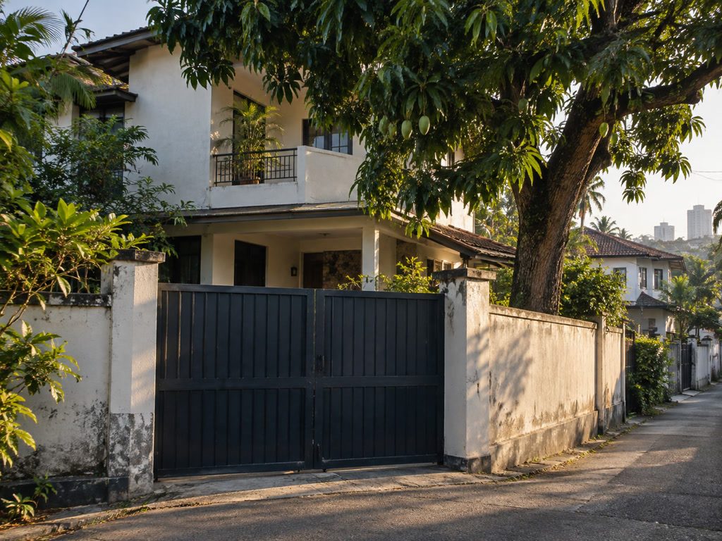 Two-storey Colombo suburb house on a gated lane, late-afternoon side light