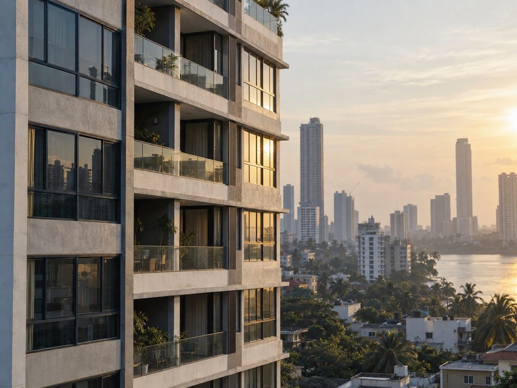 Apartment windows catching sun, with Colombo skyline haze behind the block