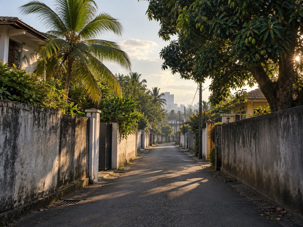 Quiet residential lane, concrete walls, mango tree and long shadows