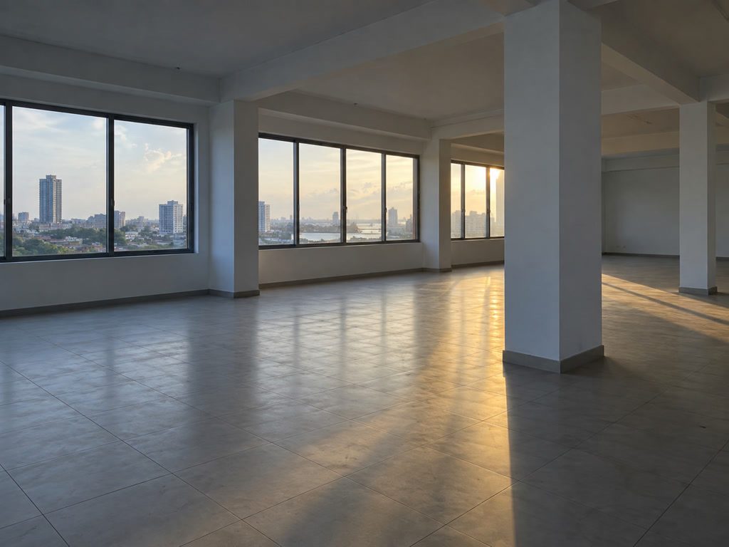 Empty commercial floor, cool afternoon light through a row of windows