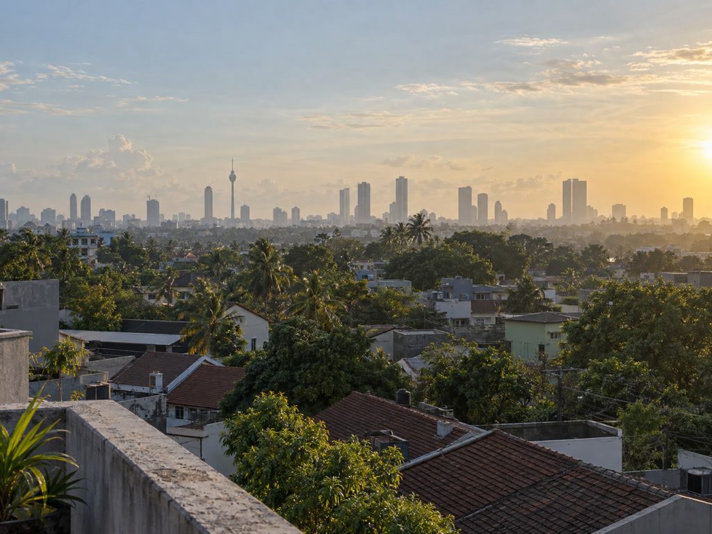 Distant Colombo skyline from a suburb rooftop in humid haze