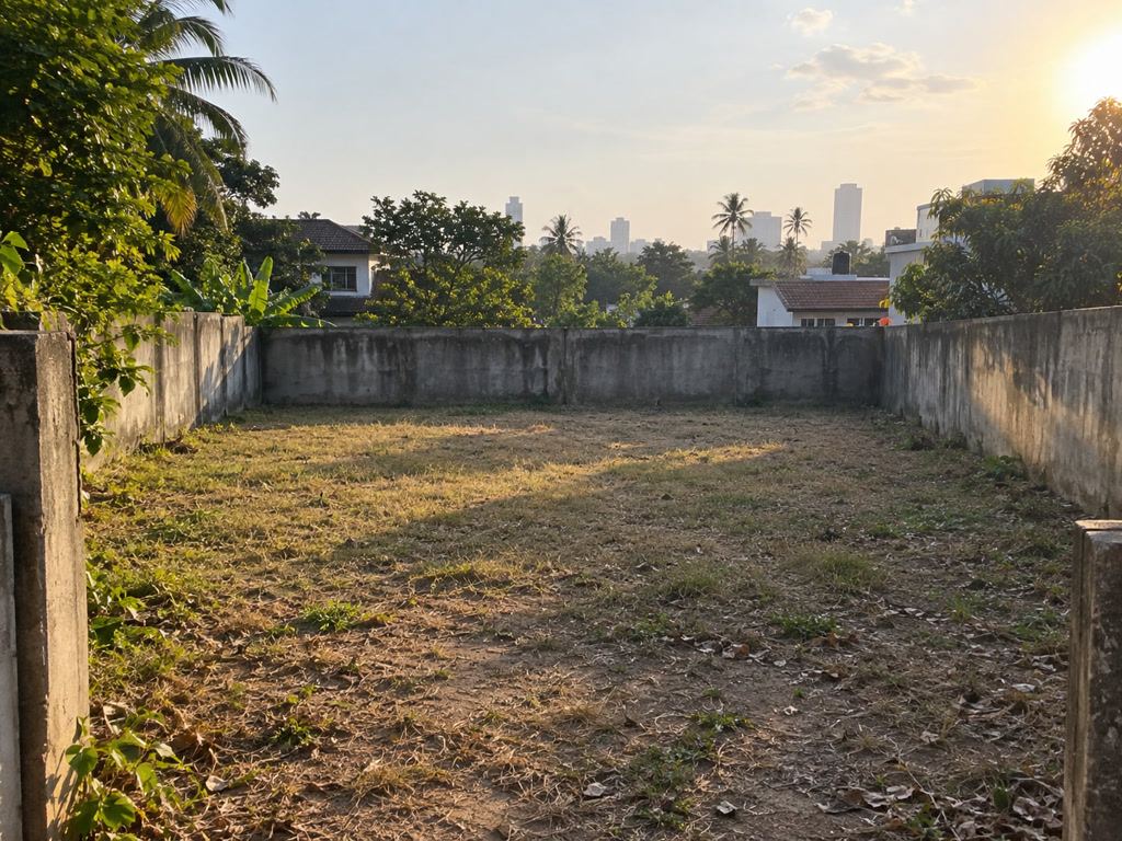 Walled land plot in a metro suburb, dry grass, no boards
