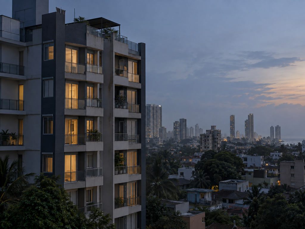 Early dusk apartment windows with warm interior glow and remaining haze